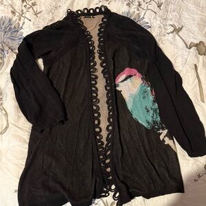 Anthropologie Leifsdottir Black Open-Front Cardigan with Teal & Pink Bird Motif